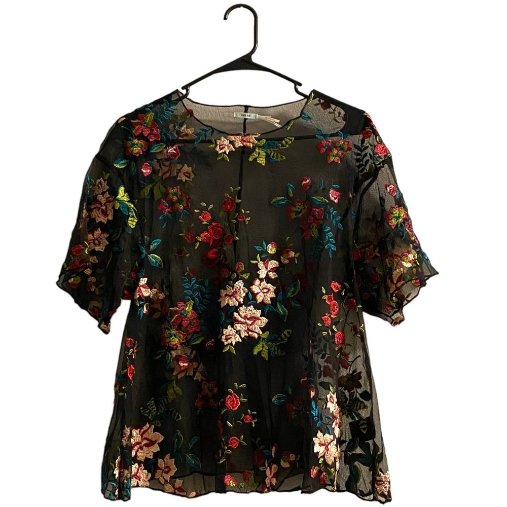 Kimchi Blue Urban Outfitters Alana Floral Embroidered Sheer Top Shirt Black XS